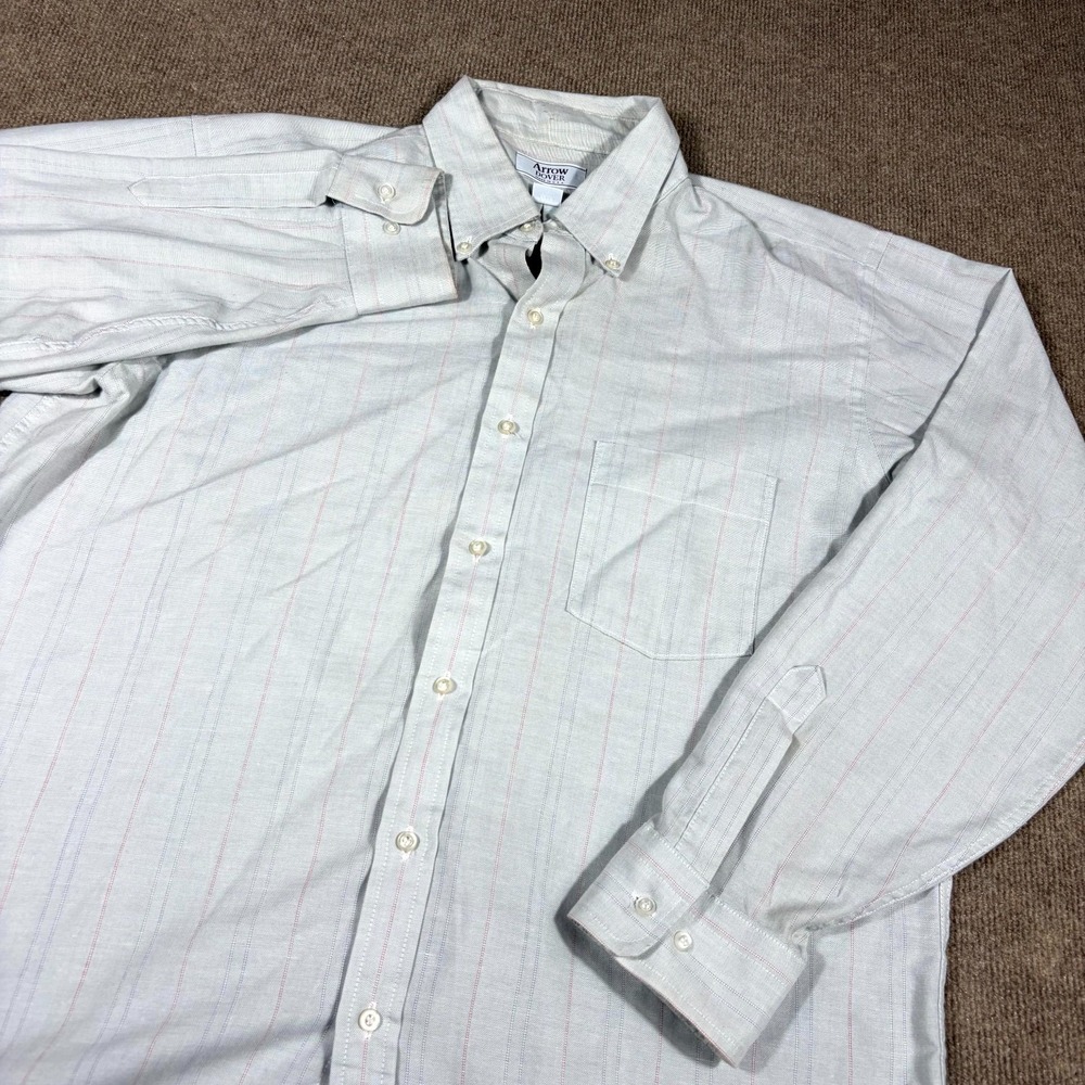 Vintage Arrow Dover Dress Shirt Mens 17 34-35 Gray Striped Cotton Button Down